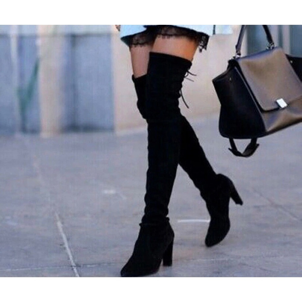 Stuart Weitzman Highland Black Suede Over The Knee Boots Size 10 Block Heel